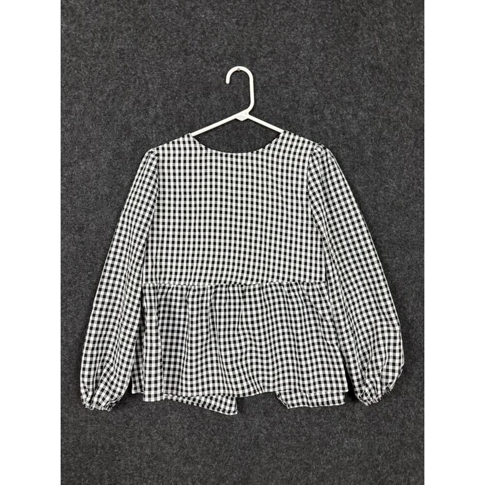 Early Sunset Womens XS Black White Gingham Tie Front Peplum Blouse Long Sleeve - Picture 2 of 7